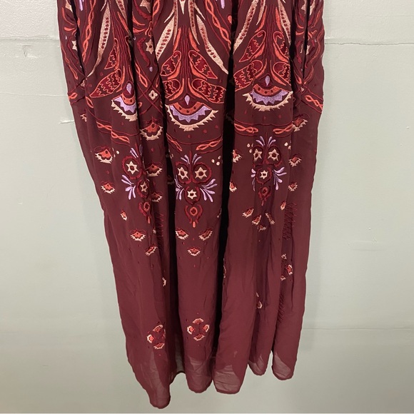Anthropologie V Neck Deco Midi Dress‎ Embroidered Floral Wine Red Large - Picture 9 of 11
